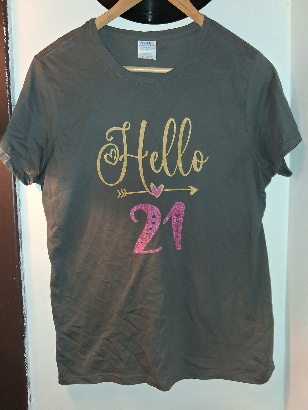 Hello 21 Graphic Tee - Gold & Pink on Gray - 21st Birthday Celebration